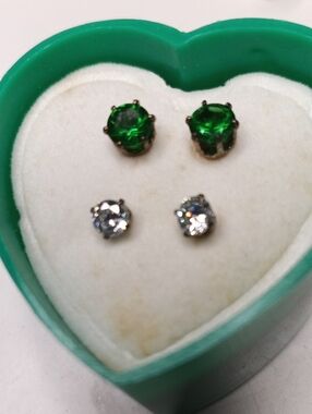 Avon Sterling Silver Green and Clear Crystal Stud Earring Duo - Women Jewelry